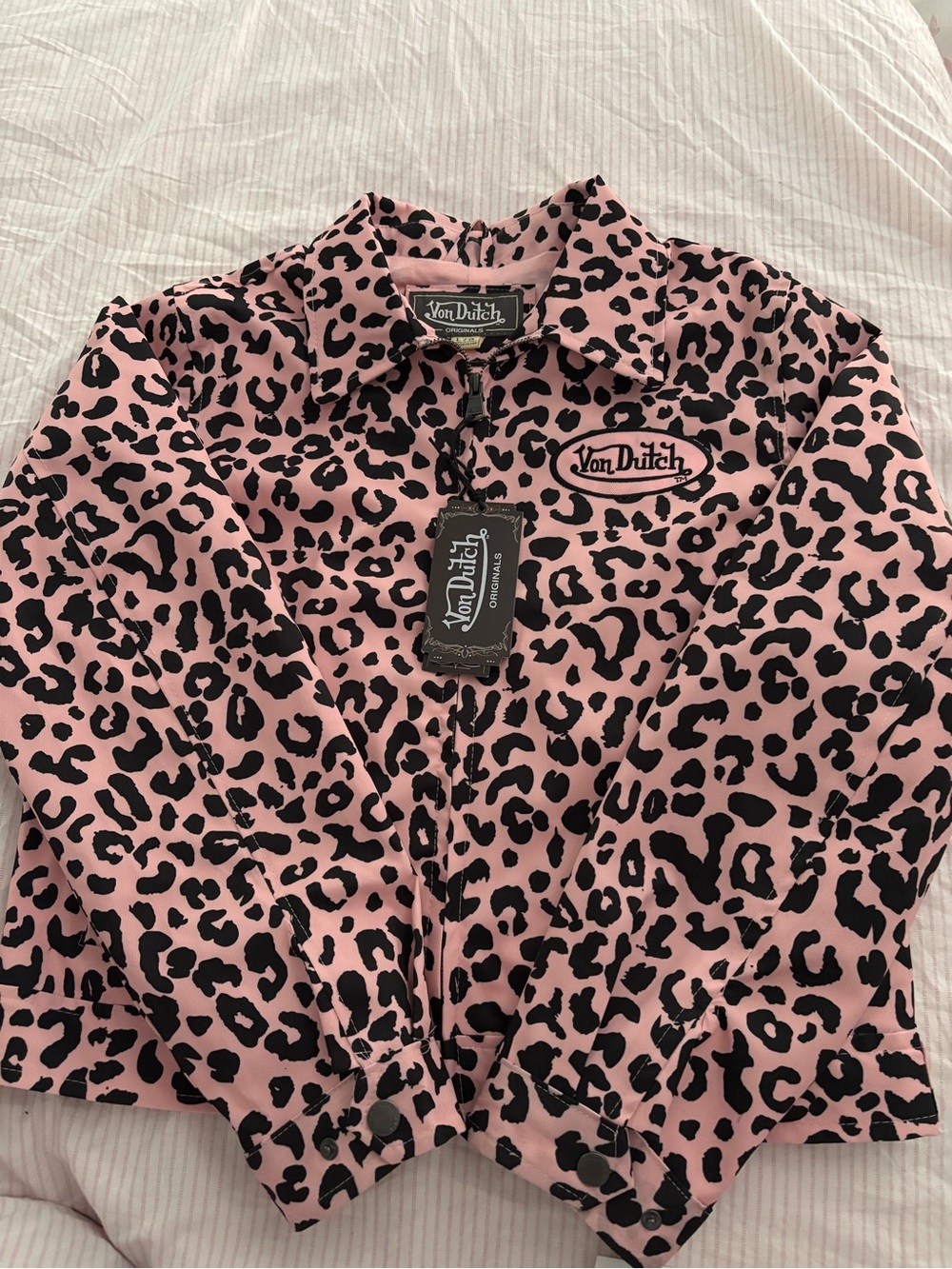 Von Dutch Pink and Black Leopard Print Bomber Jacket